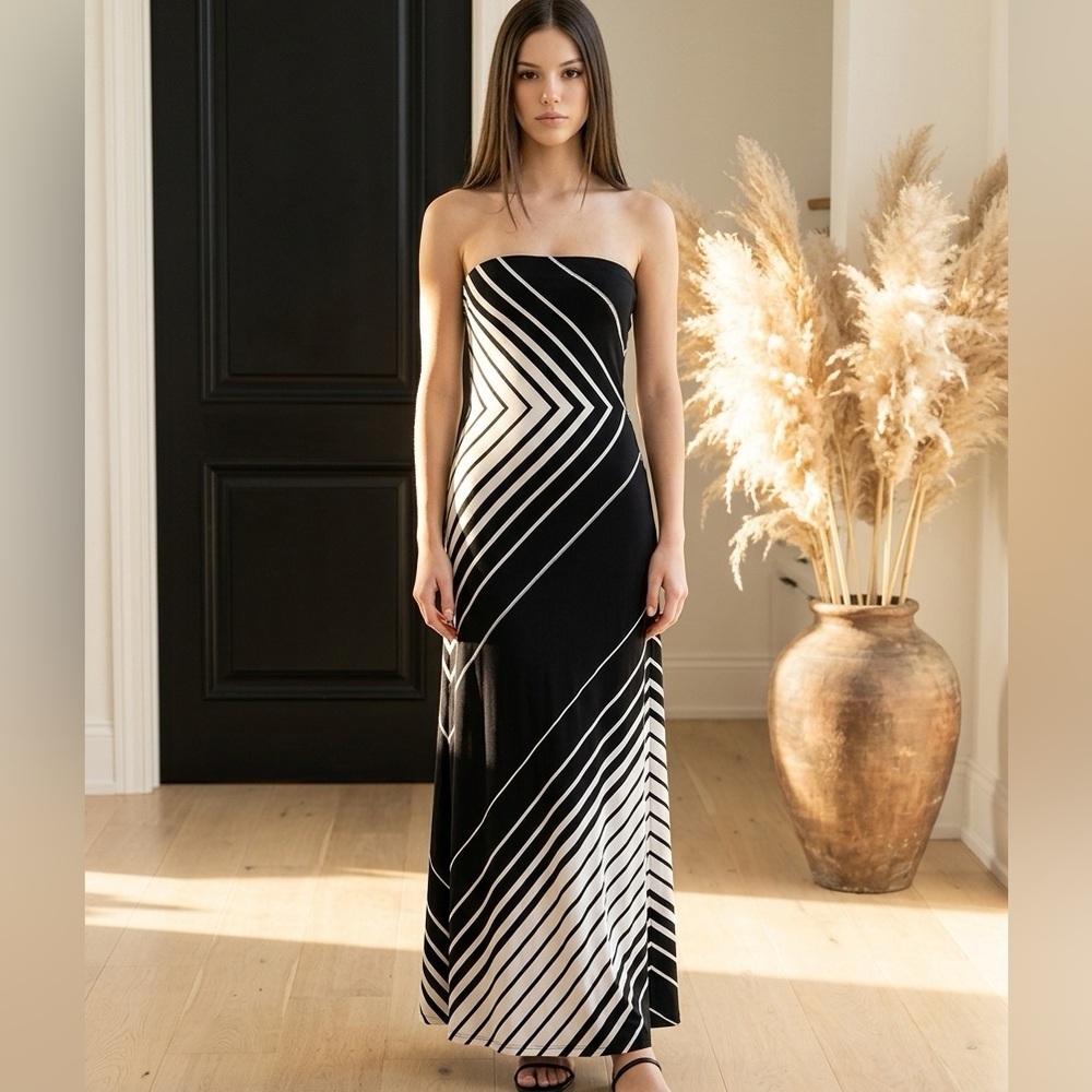 White House Black Market Strapless Geometric Chevron Maxi Dress - Picture 1 of 4